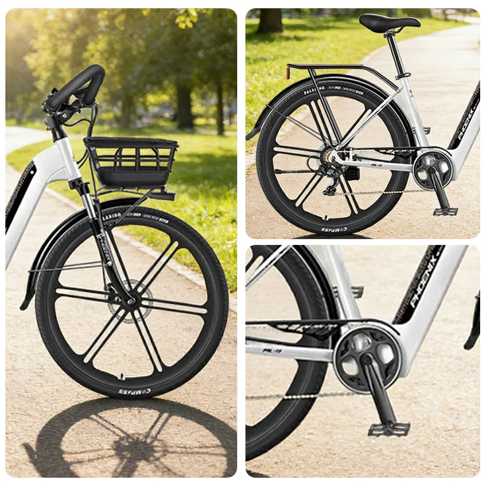 VOLTUS 700C Electric Road Bike, 48V400W Brushless Motor, Shimano 7-Speed Gears, Aluminium Alloy Frame, Hidden Battery, 12-Spoke Wheels - Black&White