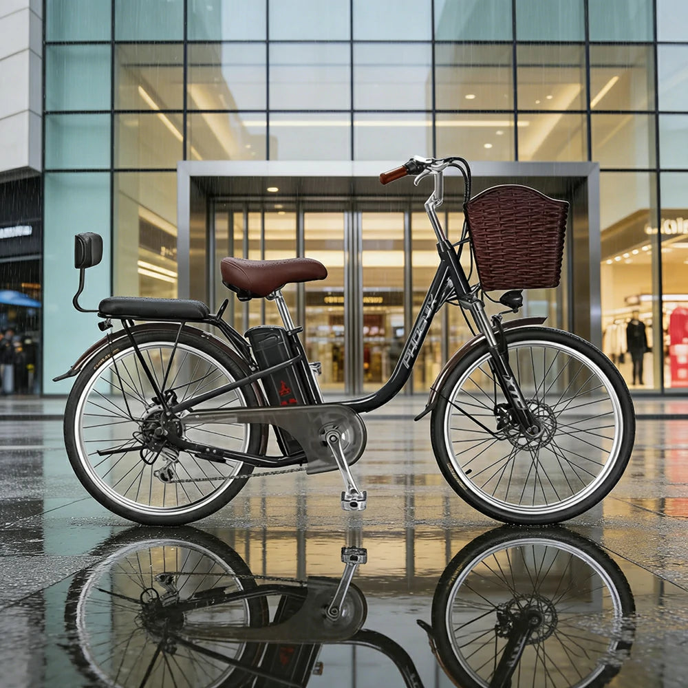 VOLTUS 26-Inch Electric Bike, 400W Brushless Motor, Shimano 7-Speed Gears, High Carbon Steel Frame, Removable 15/28AH Battery, Spoked Wheels - Black