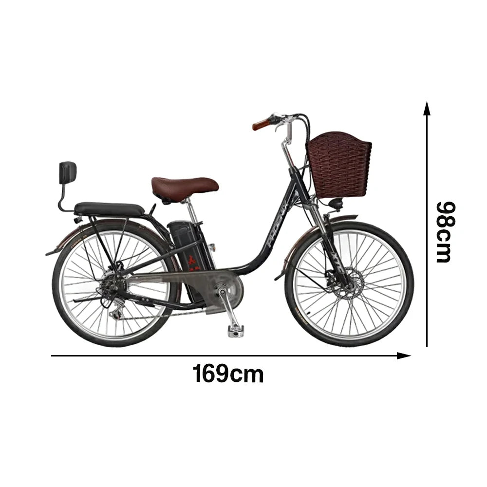 VOLTUS 26-Inch Electric Bike, 400W Brushless Motor, Shimano 7-Speed Gears, High Carbon Steel Frame, Removable 15/28AH Battery, Spoked Wheels - Black