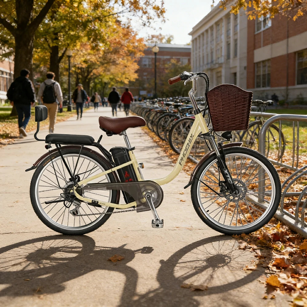 VOLTUS 26-Inch Electric Bike, 400W Brushless Motor, Shimano 7-Speed Gears, High Carbon Steel Frame, Removable 15/28AH Battery, Spoked Wheels - Beige