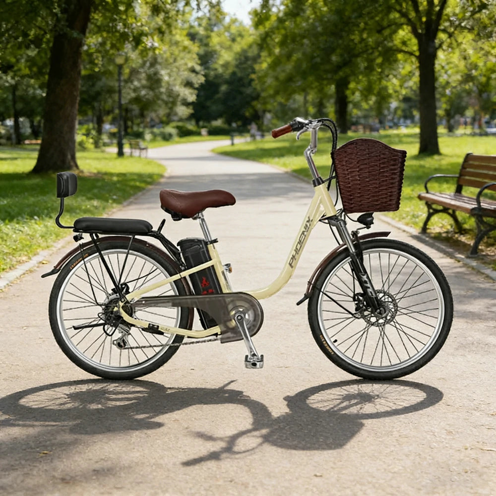 VOLTUS 26-Inch Electric Bike, 400W Brushless Motor, Shimano 7-Speed Gears, High Carbon Steel Frame, Removable 15/28AH Battery, Spoked Wheels - Beige