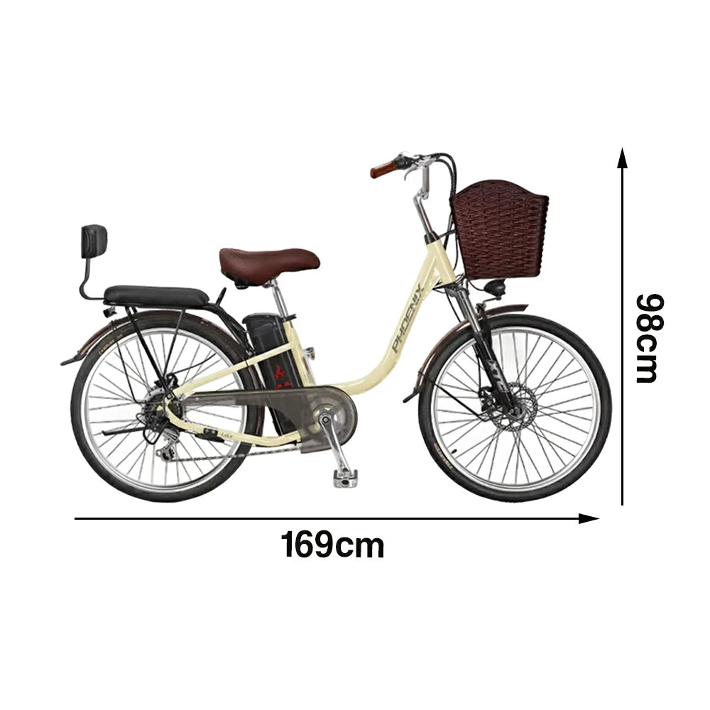 VOLTUS 26-Inch Electric Bike, 400W Brushless Motor, Shimano 7-Speed Gears, High Carbon Steel Frame, Removable 15/28AH Battery, Spoked Wheels - Beige