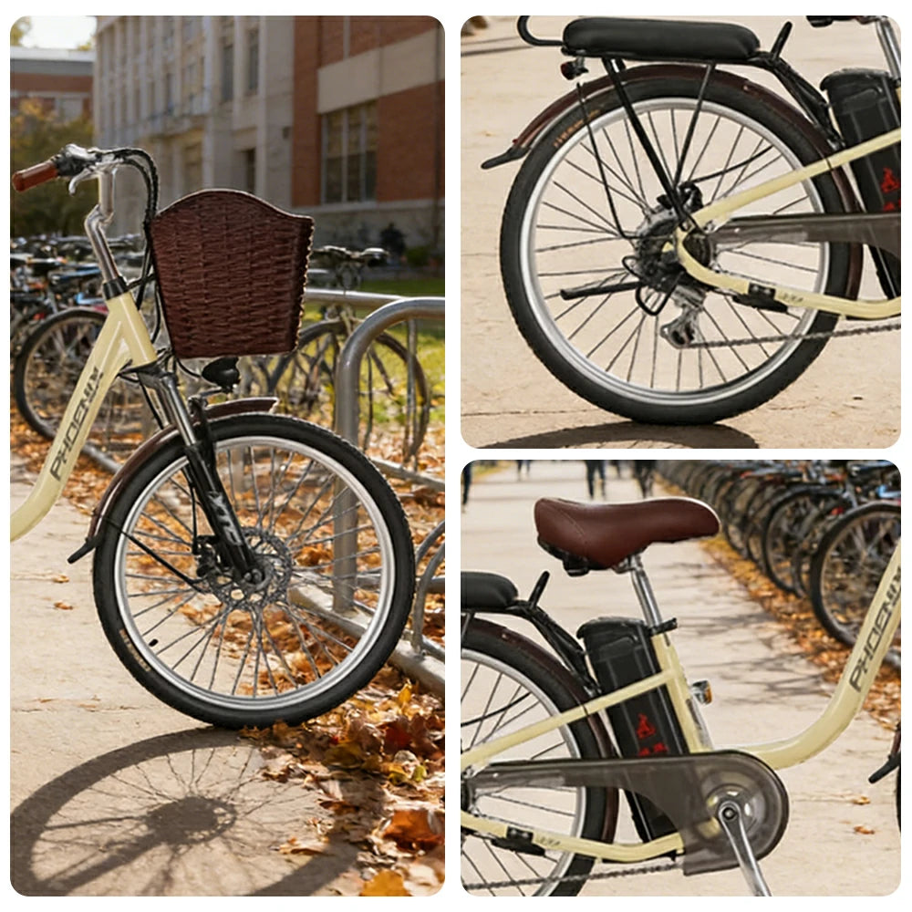 VOLTUS 26-Inch Electric Bike, 400W Brushless Motor, Shimano 7-Speed Gears, High Carbon Steel Frame, Removable 15/28AH Battery, Spoked Wheels - Beige