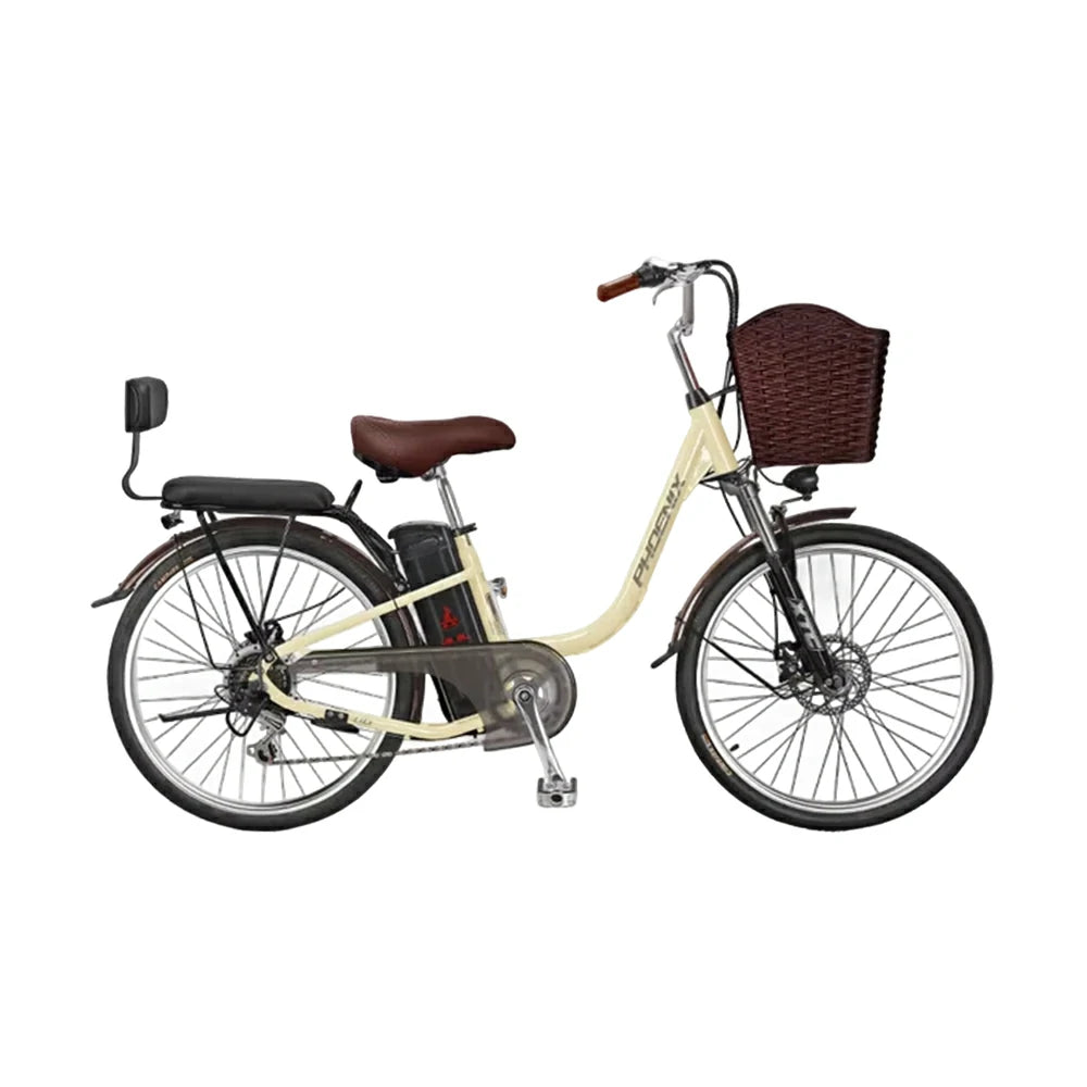 VOLTUS 26-Inch Electric Bike, 400W Brushless Motor, Shimano 7-Speed Gears, High Carbon Steel Frame, Removable 15/28AH Battery, Spoked Wheels - Beige