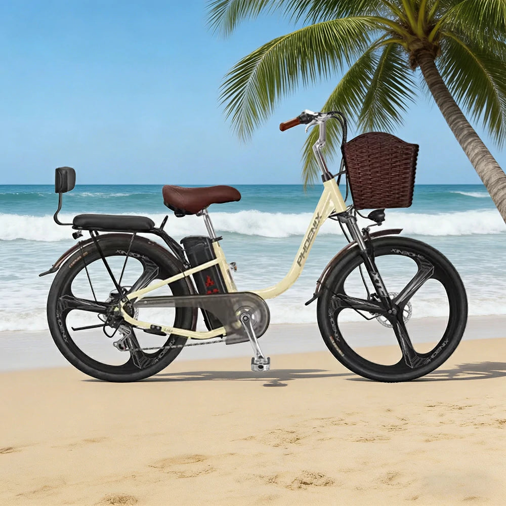 VOLTUS 26-Inch Electric Bike, 400W Brushless Motor, Shimano 7-Speed Gears, High Carbon Steel Frame, Removable 15/28AH Battery, One-Piece Wheels - Beige