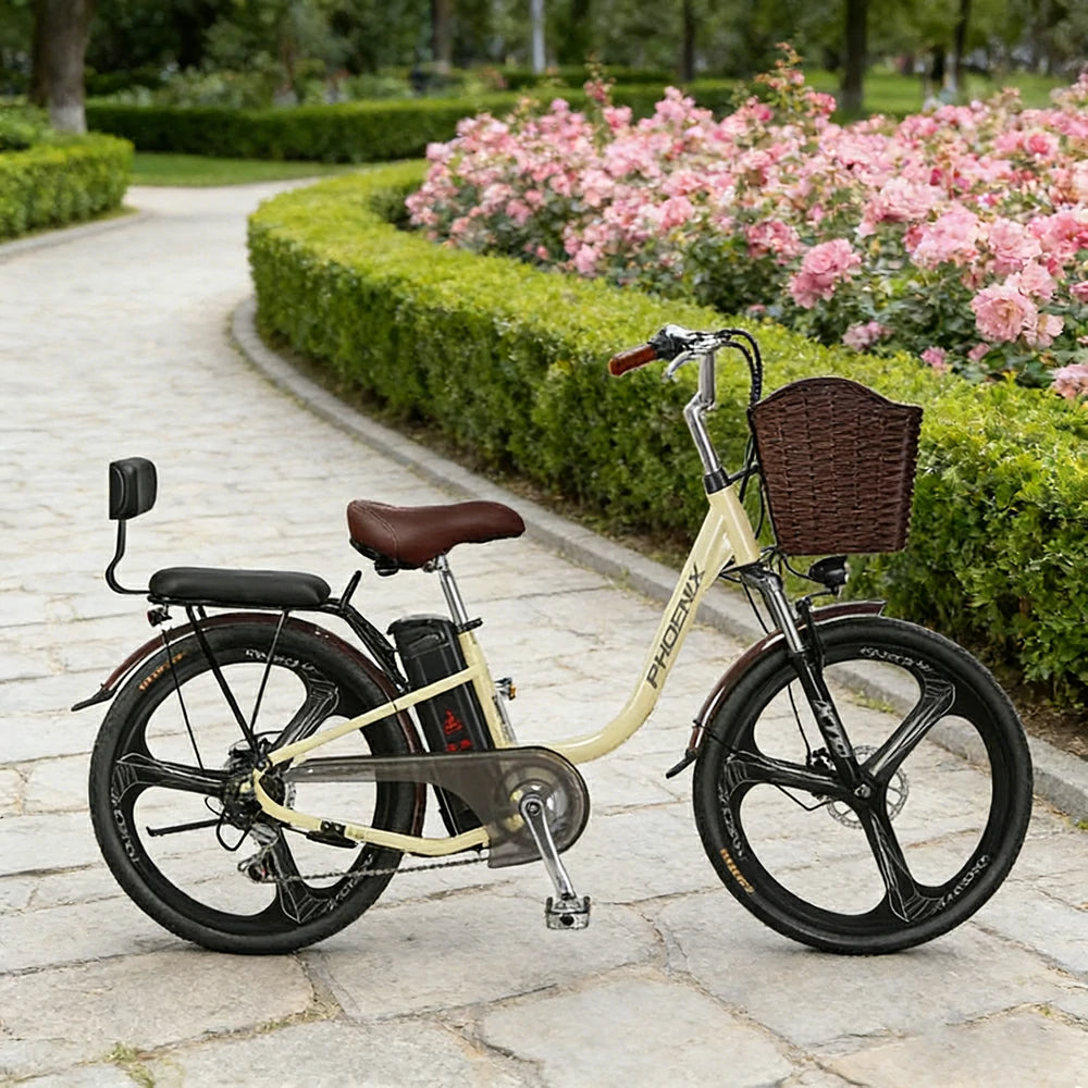 VOLTUS 26-Inch Electric Bike, 400W Brushless Motor, Shimano 7-Speed Gears, High Carbon Steel Frame, Removable 15/28AH Battery, One-Piece Wheels - Beige