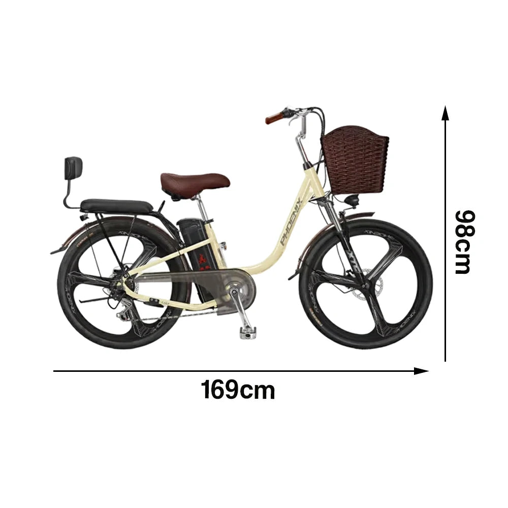 VOLTUS 26-Inch Electric Bike, 400W Brushless Motor, Shimano 7-Speed Gears, High Carbon Steel Frame, Removable 15/28AH Battery, One-Piece Wheels - Beige