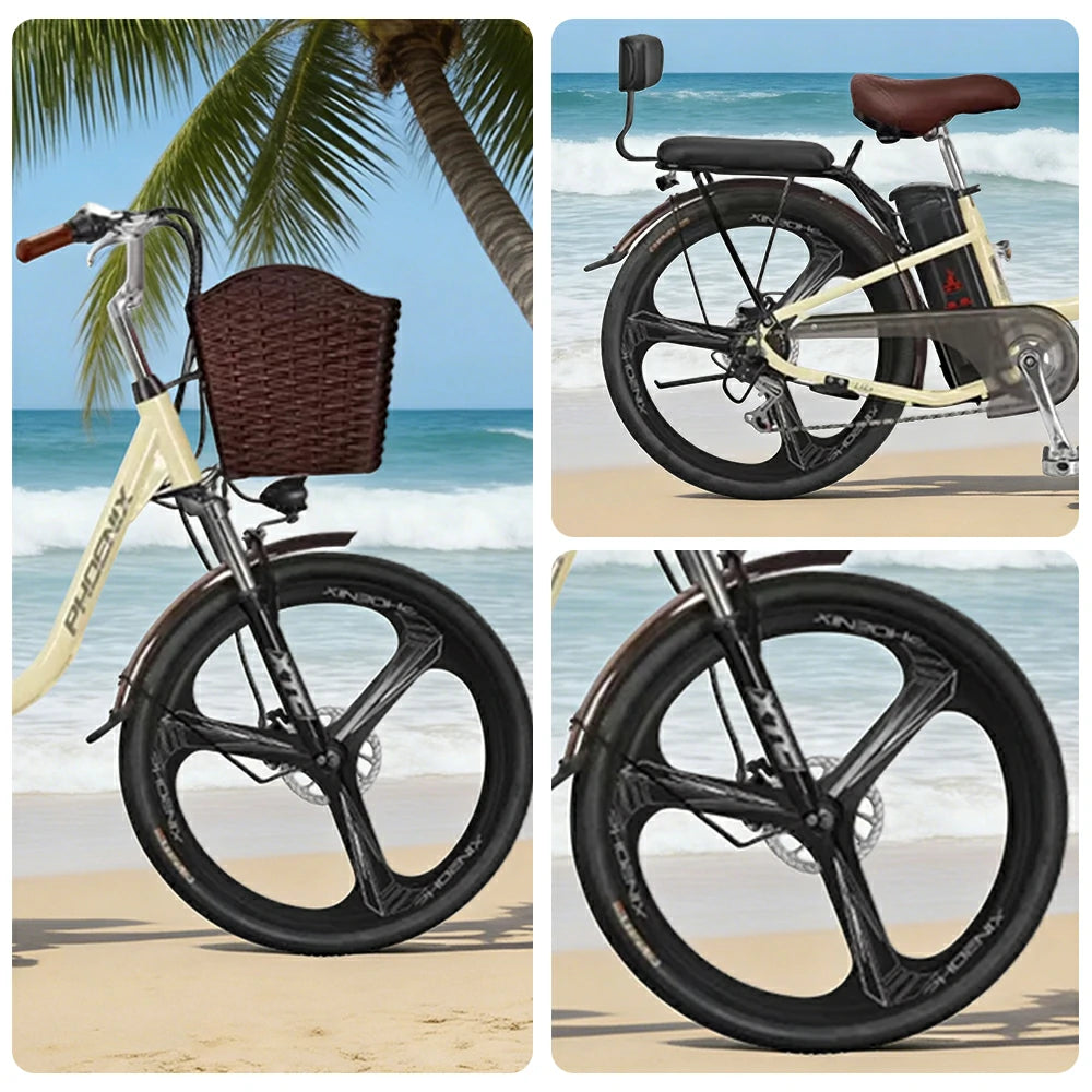 VOLTUS 26-Inch Electric Bike, 400W Brushless Motor, Shimano 7-Speed Gears, High Carbon Steel Frame, Removable 15/28AH Battery, One-Piece Wheels - Beige