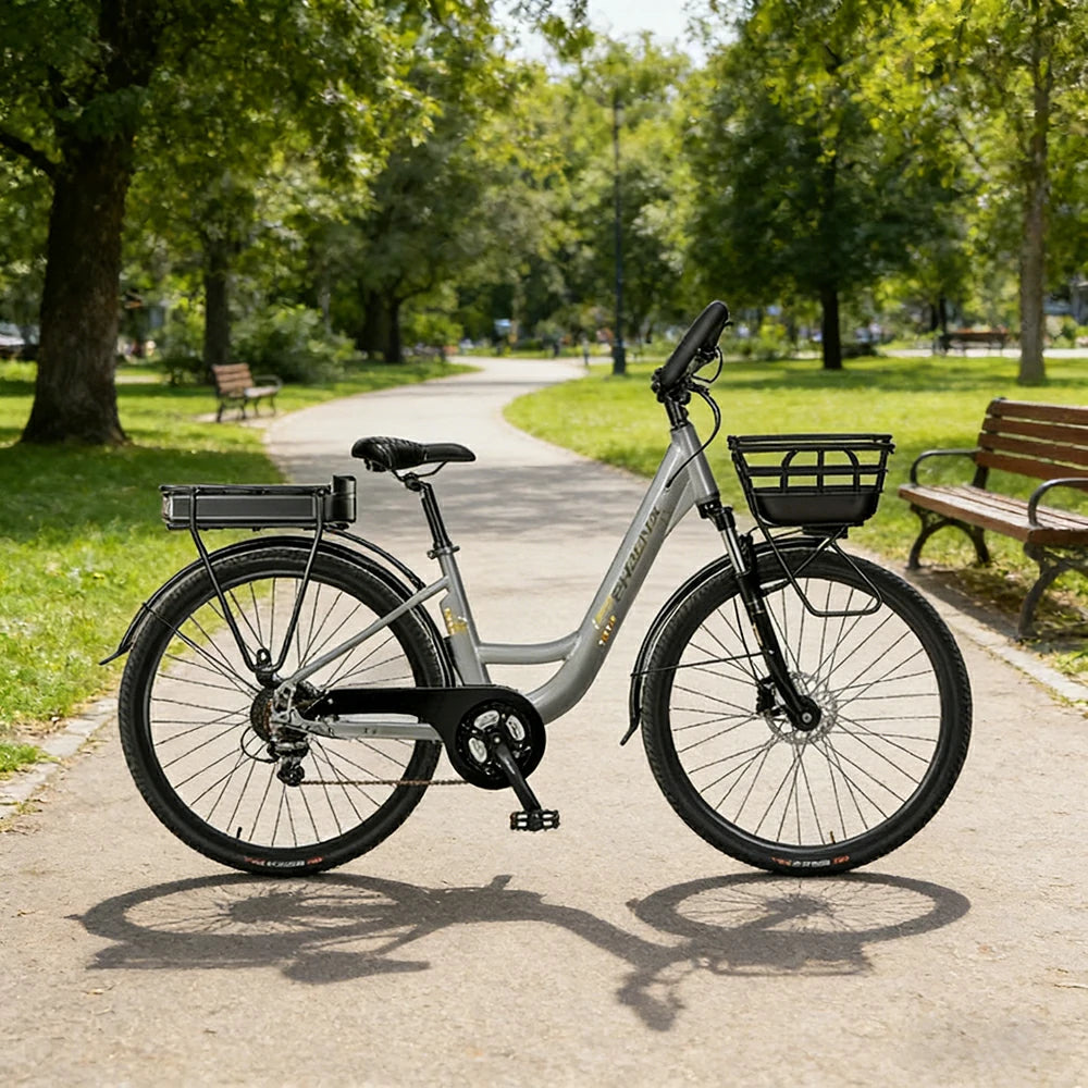 VOLTUS 26-Inch Electric Bike, 400W Motor, Shimano 7-Speed Gears, Aluminium Alloy Frame, Suspension Fork with Lockout, Removable Rear Battery - Grey