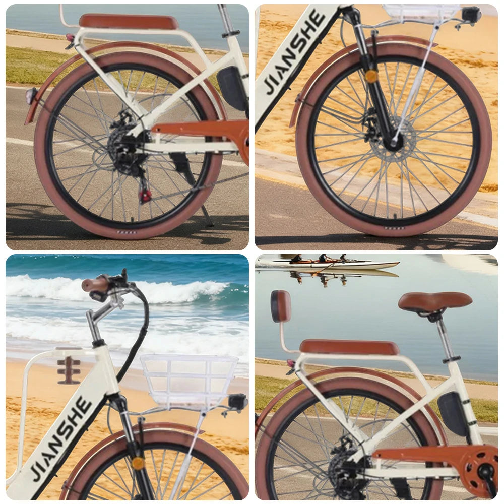 VOLTUS Electric Bike 10/25/40A 26" Tires Non-slip PVC Hydraulic Suspension, 7-Speed Gear, Hidden Lithium Battery - Yellow