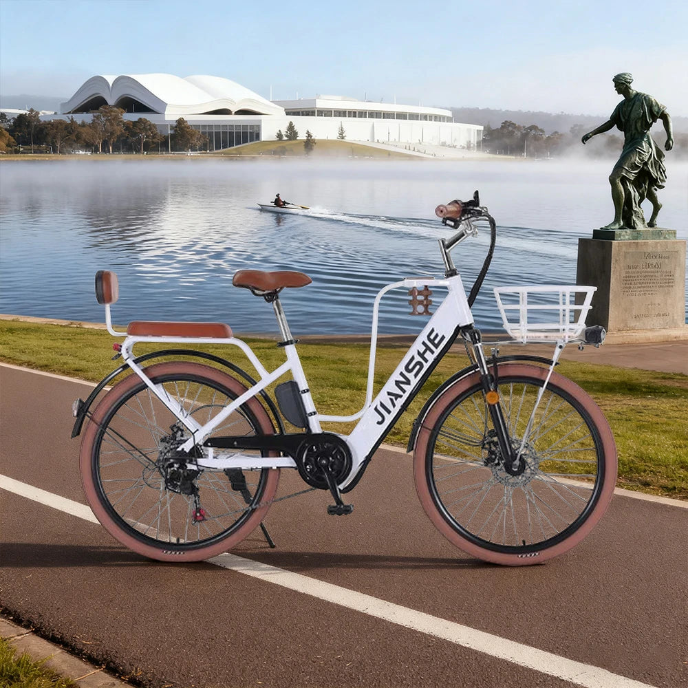 VOLTUS Electric Bike 10/25/40A 26" Tires Non-slip PVC Hydraulic Suspension, 7-Speed Gear, Hidden Lithium Battery - White