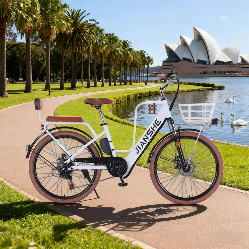 VOLTUS Electric Bike 10/25/40A 26" Tires Non-slip PVC Hydraulic Suspension, 7-Speed Gear, Hidden Lithium Battery - White