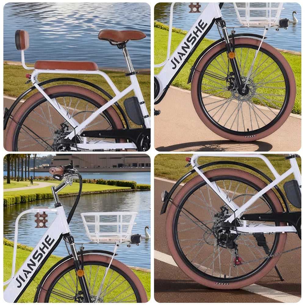 VOLTUS Electric Bike 10/25/40A 26" Tires Non-slip PVC Hydraulic Suspension, 7-Speed Gear, Hidden Lithium Battery - White