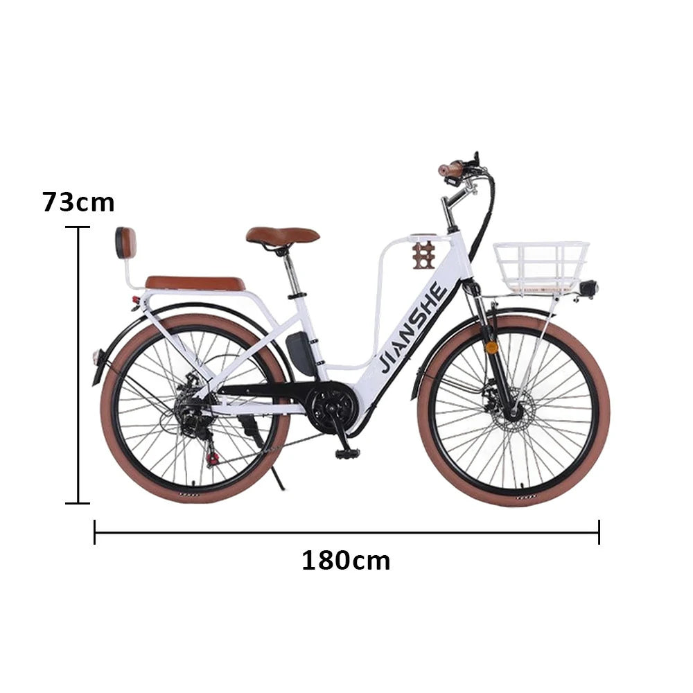 VOLTUS Electric Bike 10/25/40A 26" Tires Non-slip PVC Hydraulic Suspension, 7-Speed Gear, Hidden Lithium Battery - White