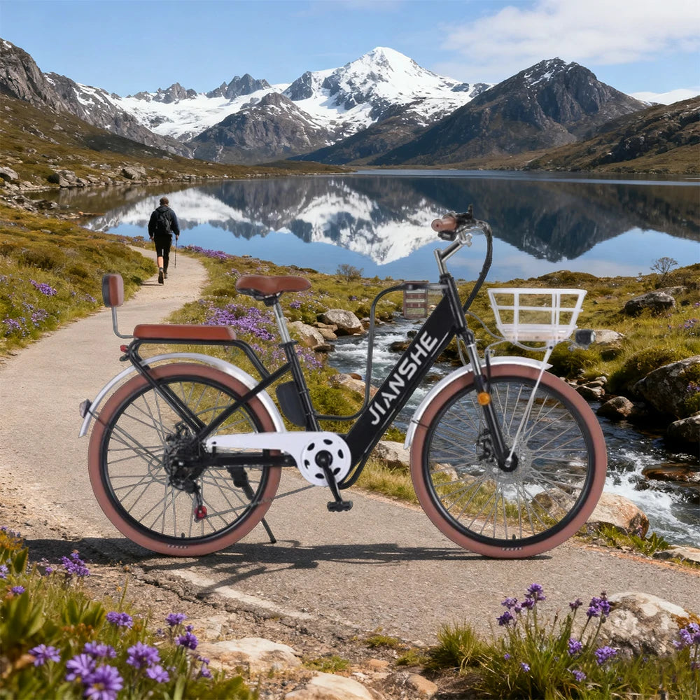 VOLTUS Electric Bike 10/25/40A 26" Tires Non-slip PVC Hydraulic Suspension, 7-Speed Gear, Hidden Lithium Battery - Black