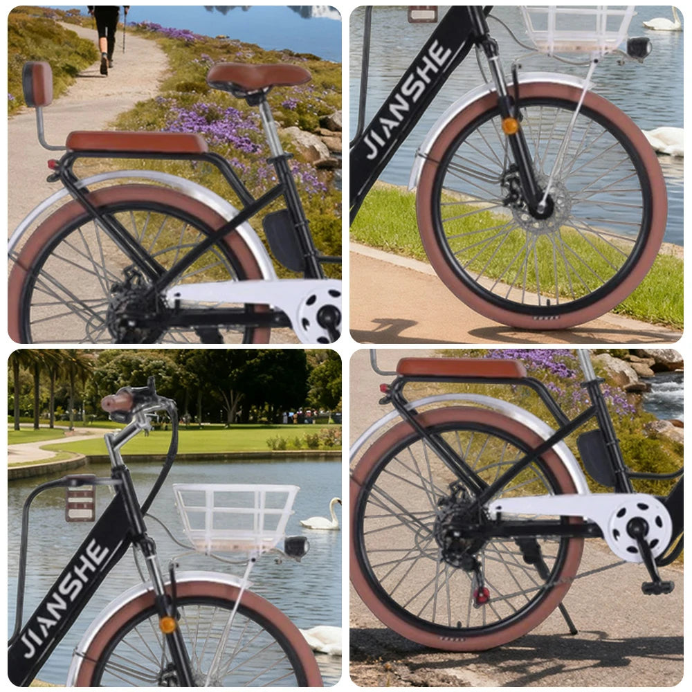 VOLTUS Electric Bike 10/25/40A 26" Tires Non-slip PVC Hydraulic Suspension, 7-Speed Gear, Hidden Lithium Battery - Black