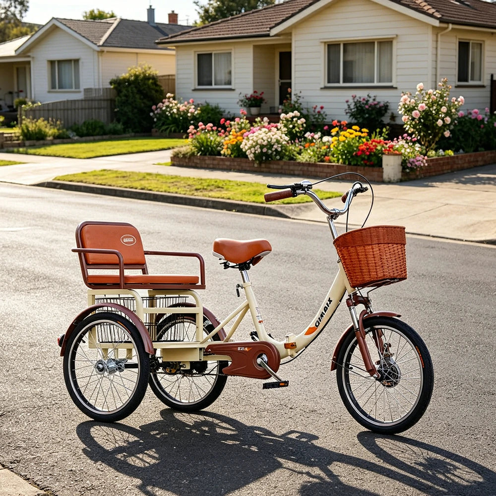 VOLTUS 20" Tricycle Dual Suspension Hydraulic Brakes High Carbon Steel Frame Comfort City Commuter with Seat - Beige