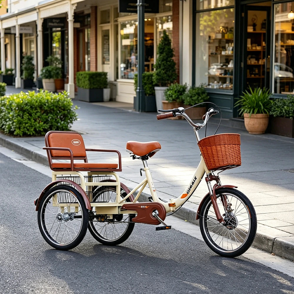VOLTUS 20" Tricycle Dual Suspension Hydraulic Brakes High Carbon Steel Frame Comfort City Commuter with Seat - Beige