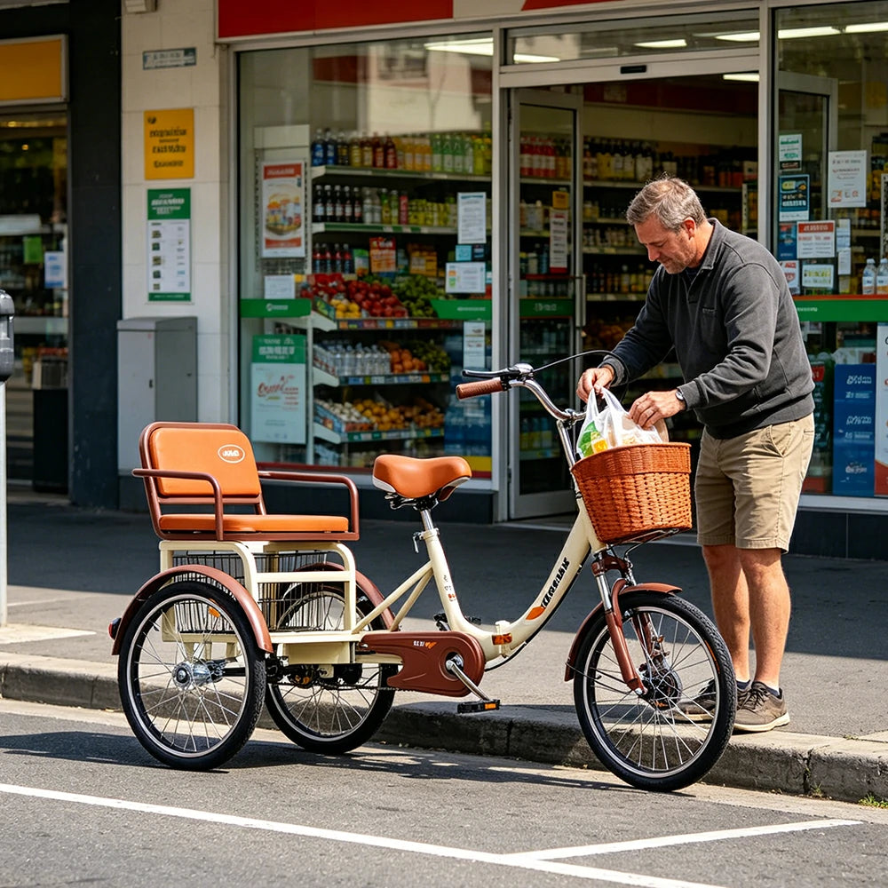 VOLTUS 20" Tricycle Dual Suspension Hydraulic Brakes High Carbon Steel Frame Comfort City Commuter with Seat - Beige