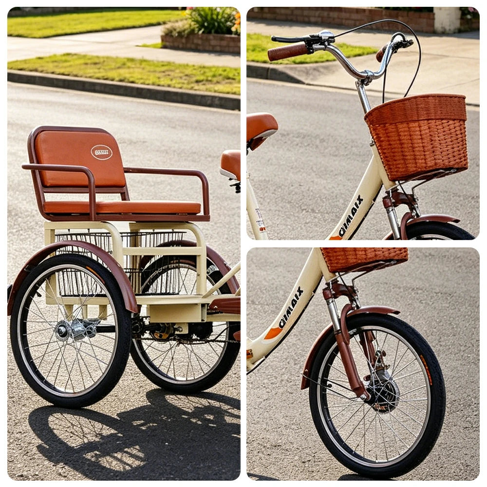 VOLTUS 20" Tricycle Dual Suspension Hydraulic Brakes High Carbon Steel Frame Comfort City Commuter with Seat - Beige
