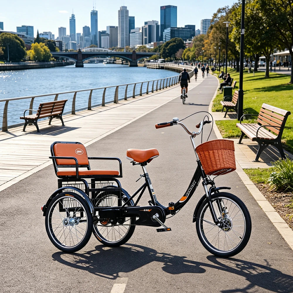 VOLTUS 20" Tricycle Dual Suspension Hydraulic Brakes High Carbon Steel Frame Comfort City Commuter with Seat - Black