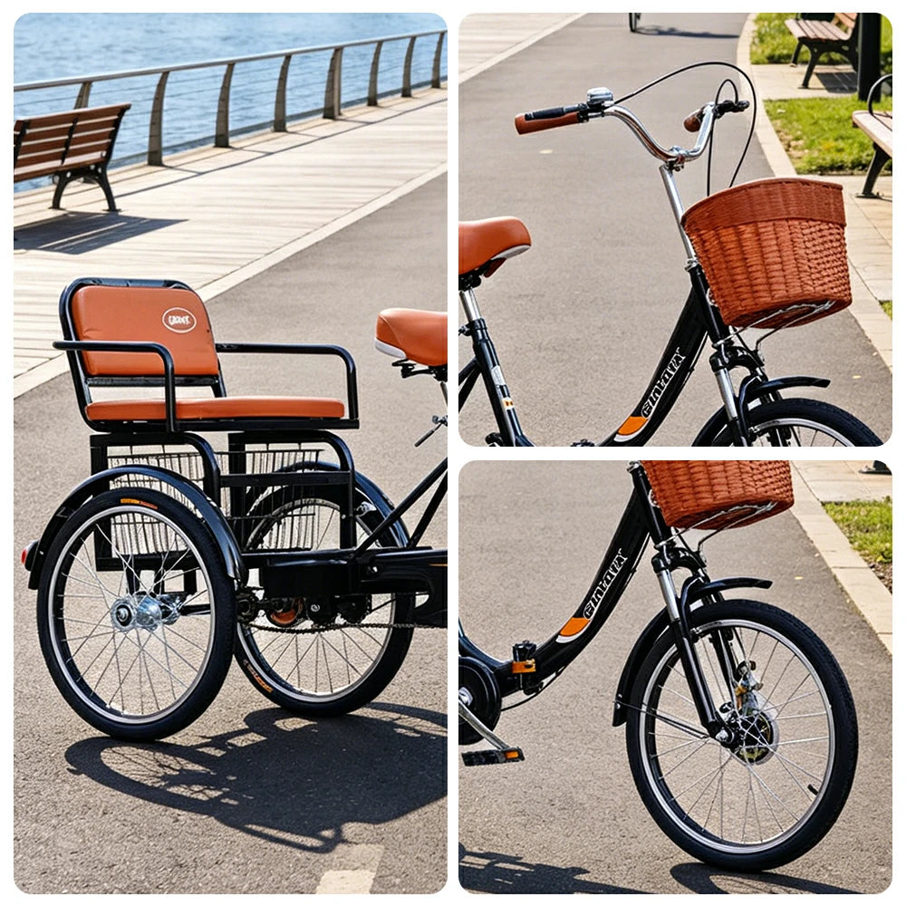 VOLTUS 20" Tricycle Dual Suspension Hydraulic Brakes High Carbon Steel Frame Comfort City Commuter with Seat - Black