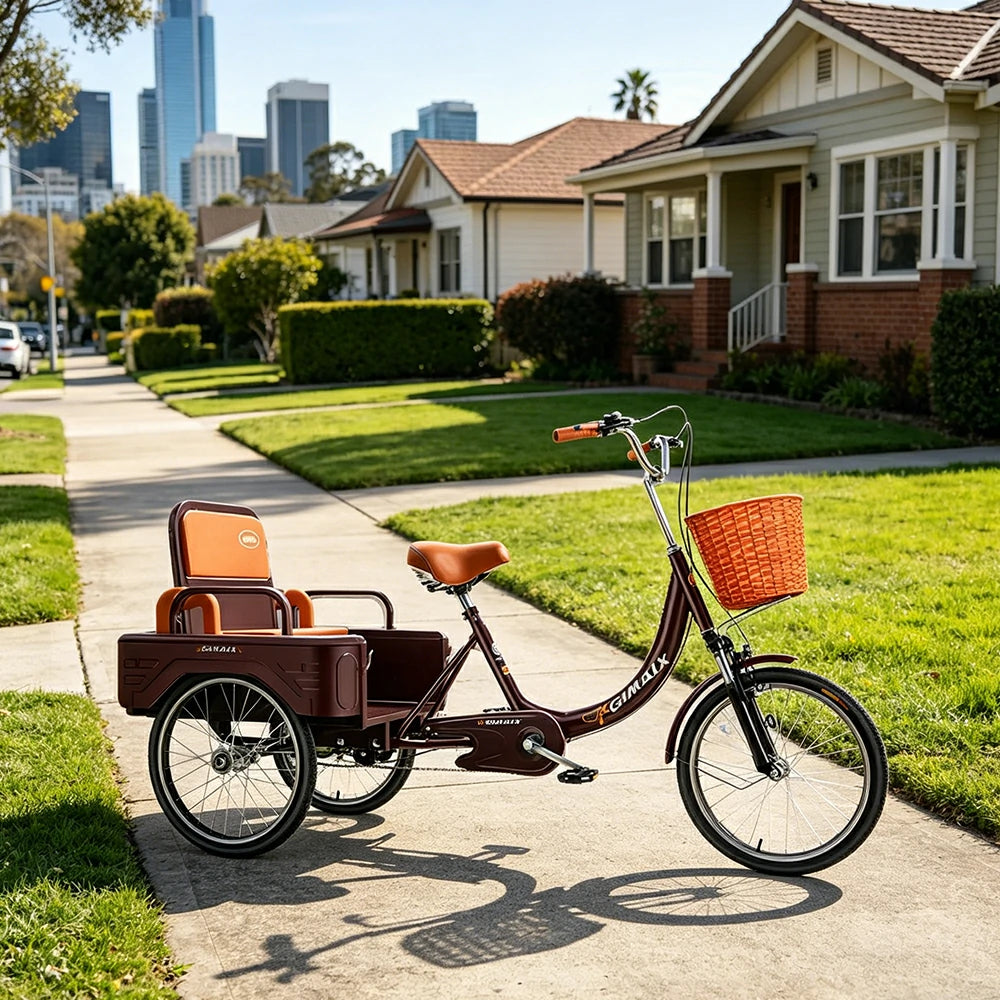 VOLTUS Cargo Tricycle Dual Suspension Hydraulic Brakes 70cm Rear Basket Utility Commuter for Shopping and Transport - Burgundy