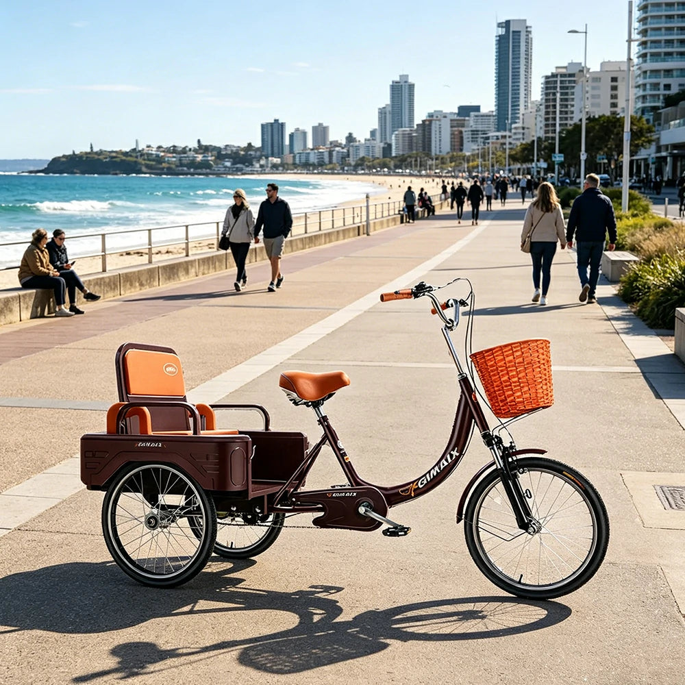 VOLTUS Cargo Tricycle Dual Suspension Hydraulic Brakes 70cm Rear Basket Utility Commuter for Shopping and Transport - Burgundy