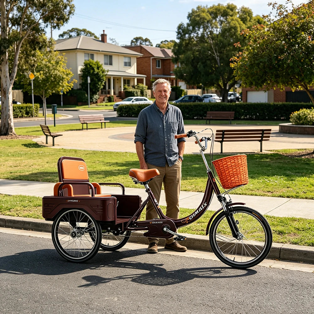 VOLTUS Cargo Tricycle Dual Suspension Hydraulic Brakes 70cm Rear Basket Utility Commuter for Shopping and Transport - Burgundy