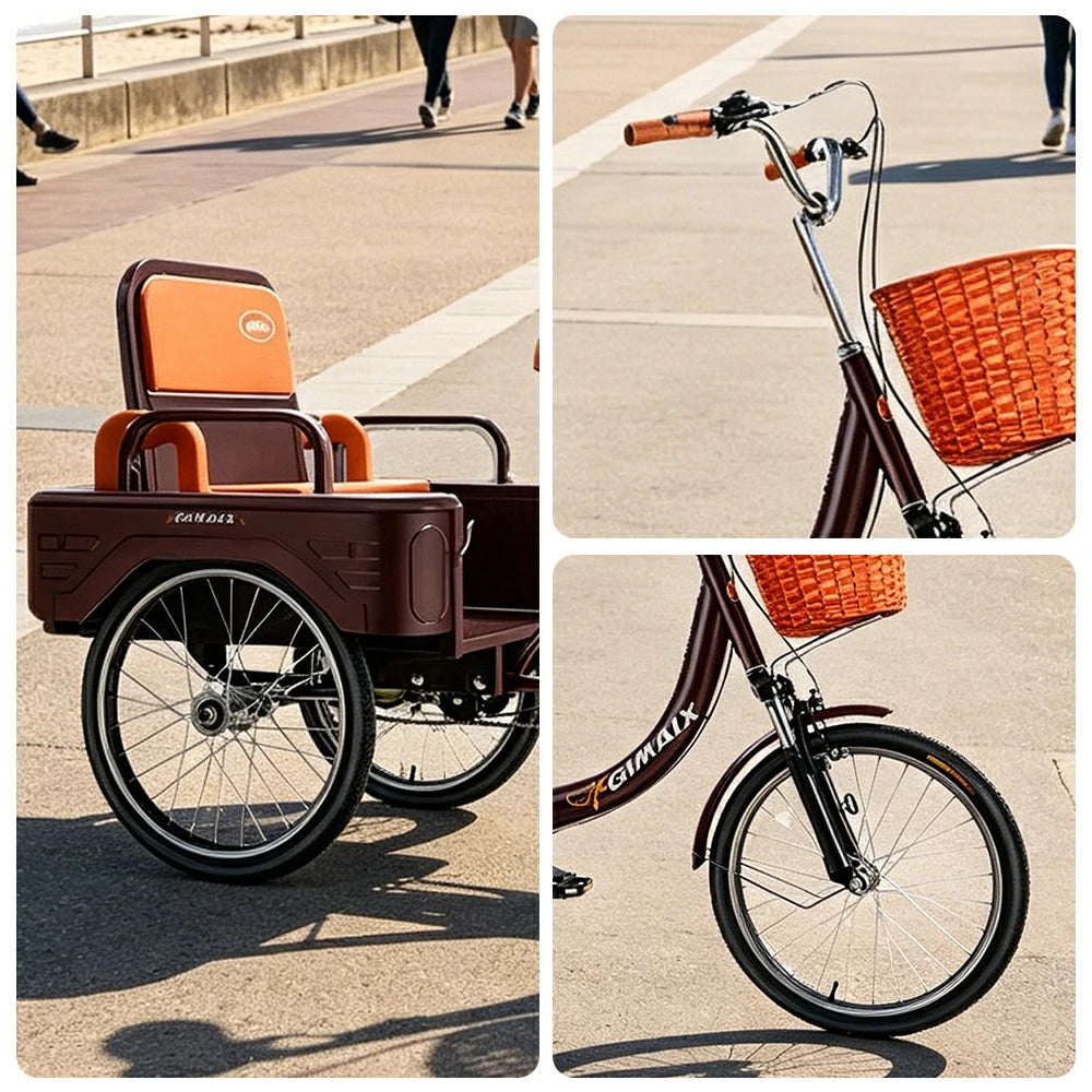 VOLTUS Cargo Tricycle Dual Suspension Hydraulic Brakes 70cm Rear Basket Utility Commuter for Shopping and Transport - Burgundy