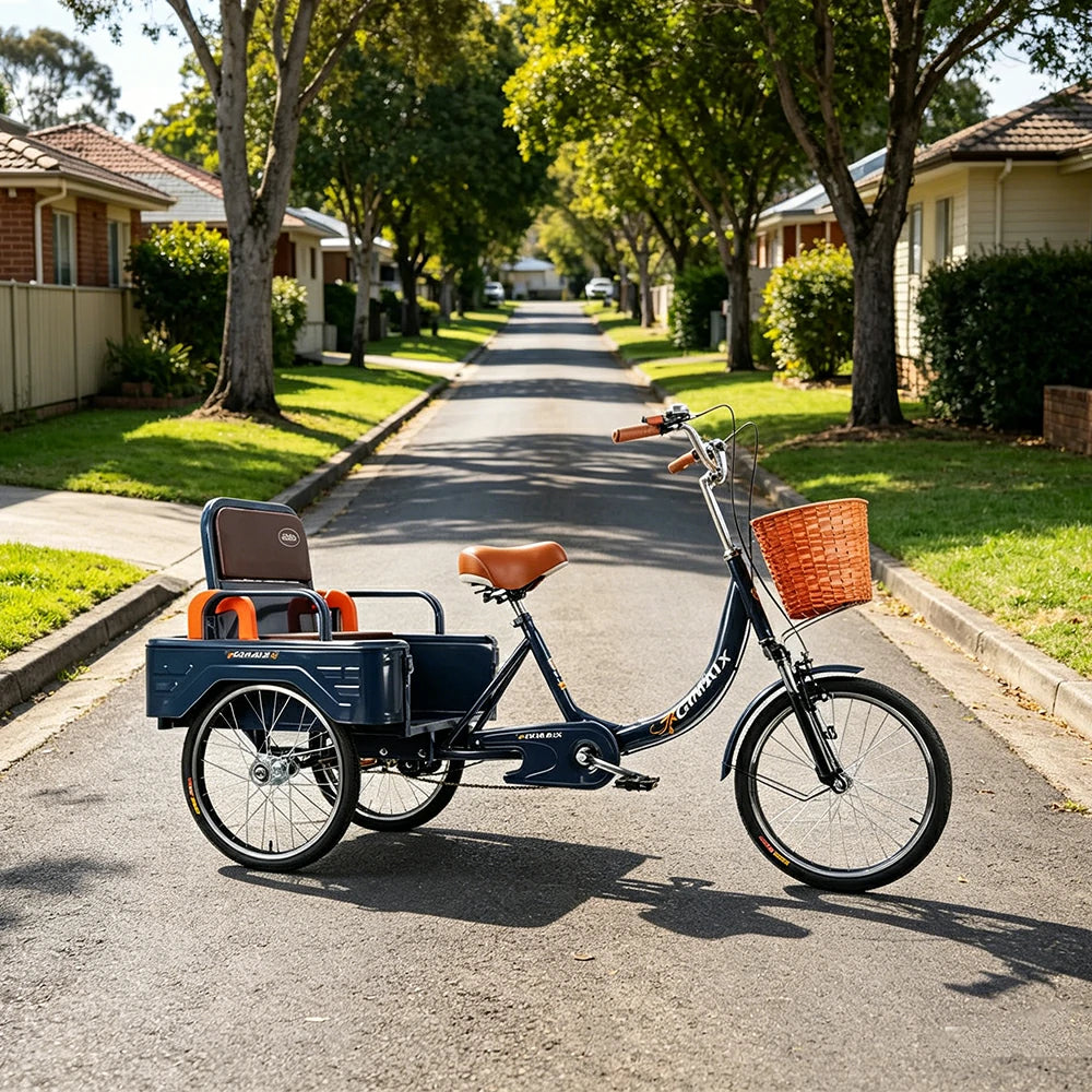 VOLTUS Cargo Tricycle Dual Suspension Hydraulic Brakes 70cm Rear Basket Utility Commuter for Shopping and Transport - Blue