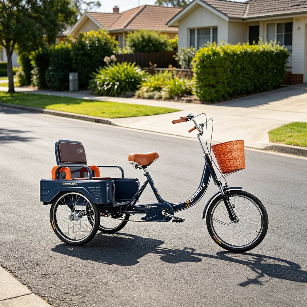 VOLTUS Cargo Tricycle Dual Suspension Hydraulic Brakes 70cm Rear Basket Utility Commuter for Shopping and Transport - Blue