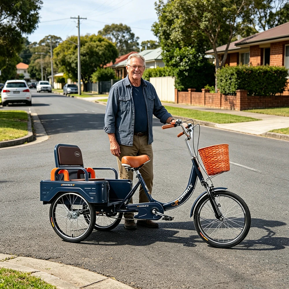 VOLTUS Cargo Tricycle Dual Suspension Hydraulic Brakes 70cm Rear Basket Utility Commuter for Shopping and Transport - Blue