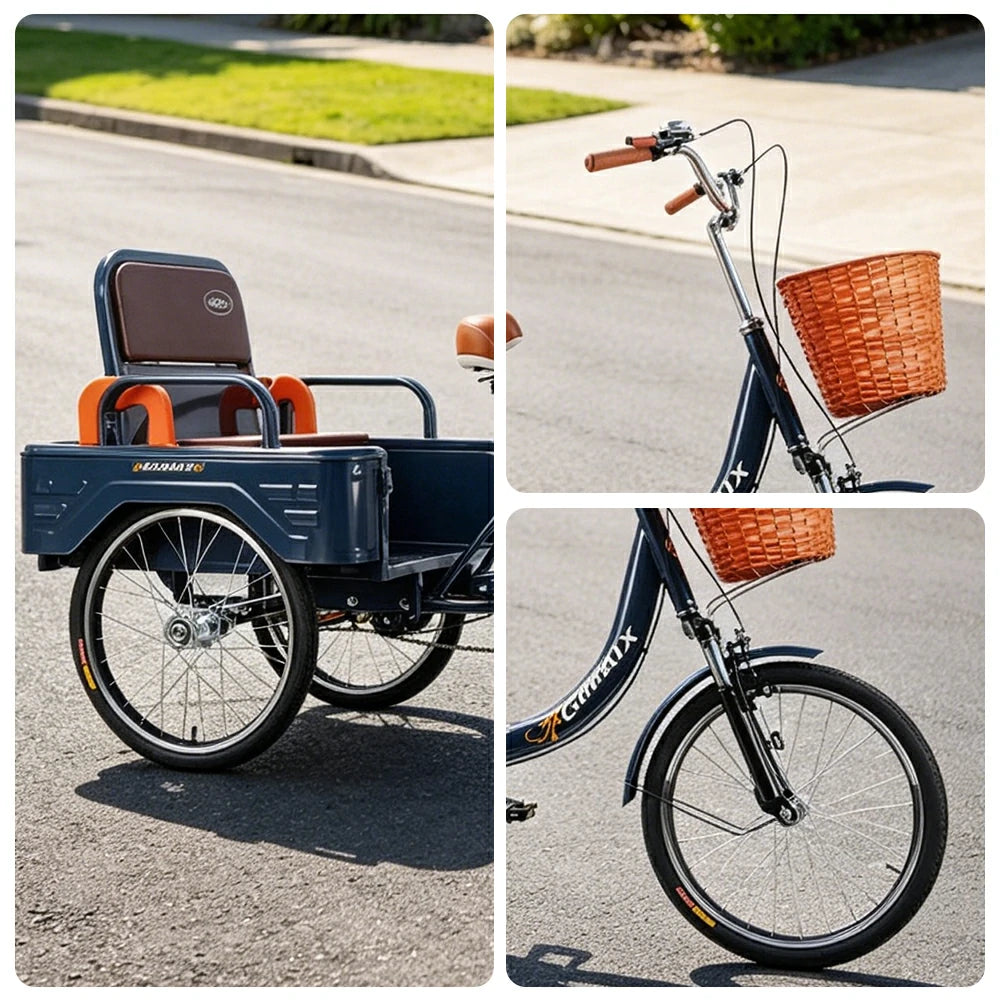 VOLTUS Cargo Tricycle Dual Suspension Hydraulic Brakes 70cm Rear Basket Utility Commuter for Shopping and Transport - Blue