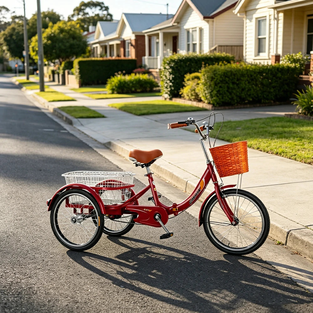 VOLTUS 20" Foldable Tricycle Dual Chain Drive High Carbon Steel Frame Large Basket Commuter for Shopping and Travel - Red