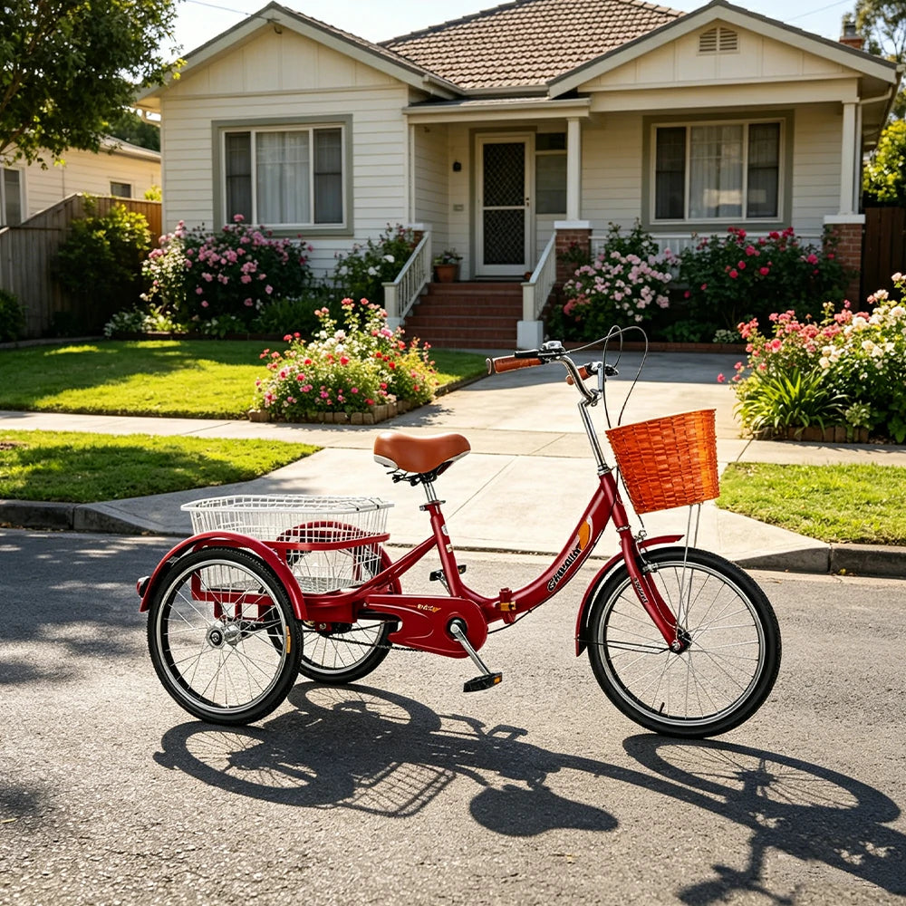 VOLTUS 20" Foldable Tricycle Dual Chain Drive High Carbon Steel Frame Large Basket Commuter for Shopping and Travel - Red