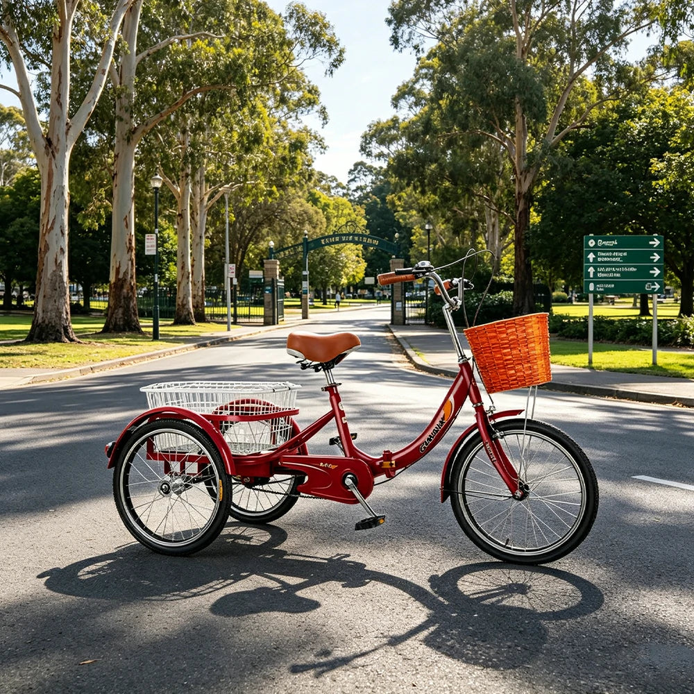VOLTUS 20" Foldable Tricycle Dual Chain Drive High Carbon Steel Frame Large Basket Commuter for Shopping and Travel - Red