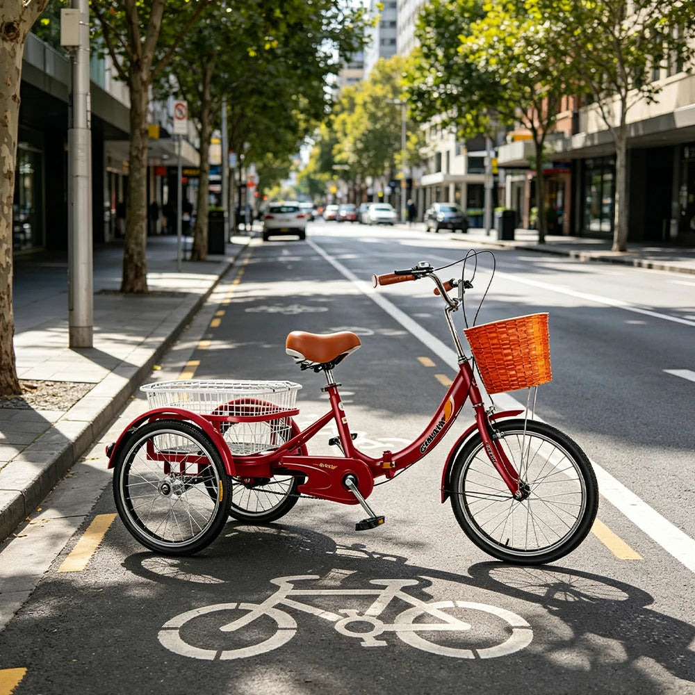 VOLTUS 20" Foldable Tricycle Dual Chain Drive High Carbon Steel Frame Large Basket Commuter for Shopping and Travel - Red