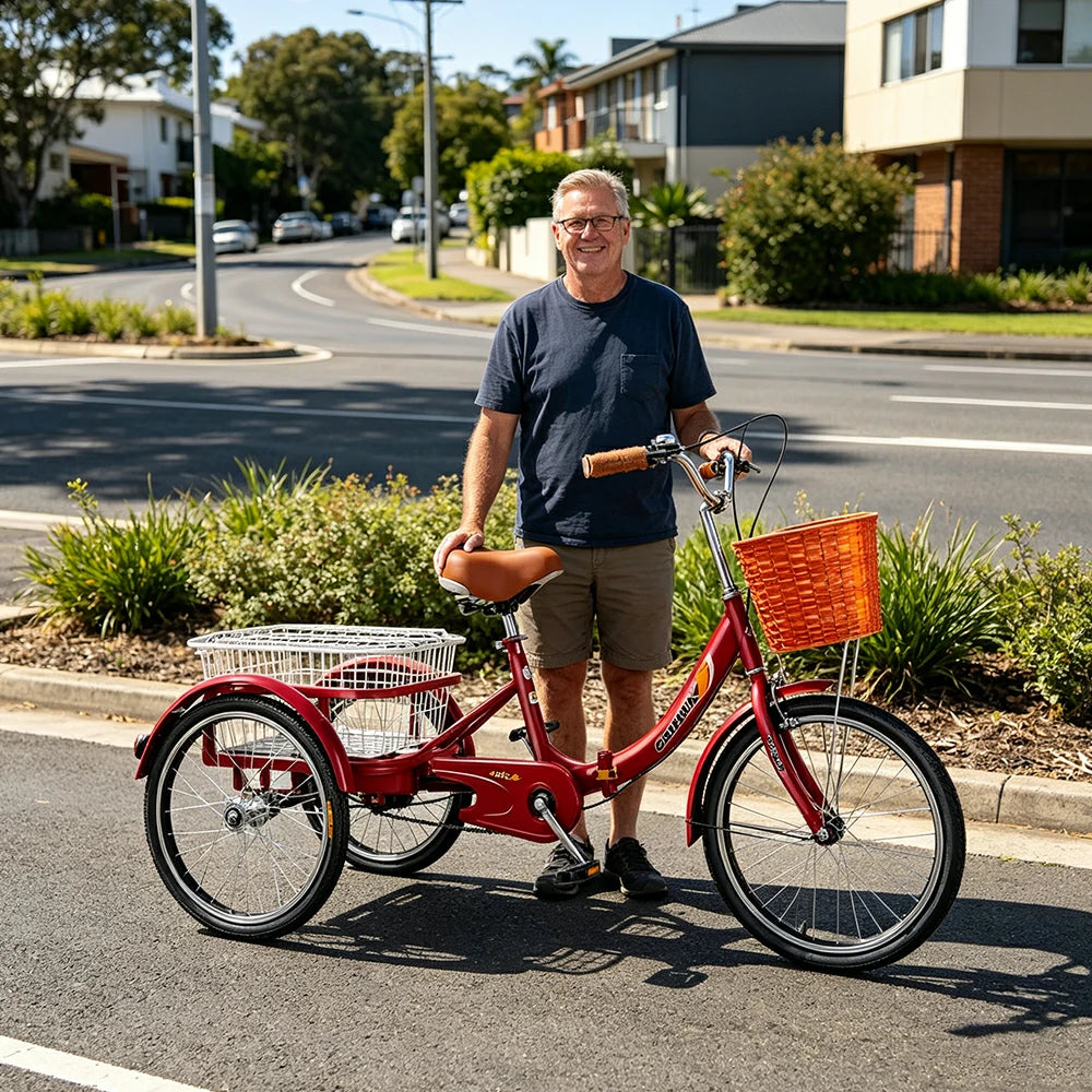 VOLTUS 20" Foldable Tricycle Dual Chain Drive High Carbon Steel Frame Large Basket Commuter for Shopping and Travel - Red