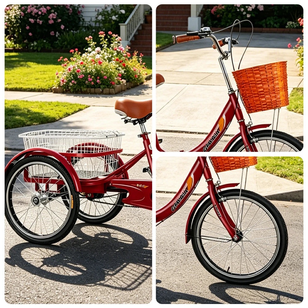 VOLTUS 20" Foldable Tricycle Dual Chain Drive High Carbon Steel Frame Large Basket Commuter for Shopping and Travel - Red