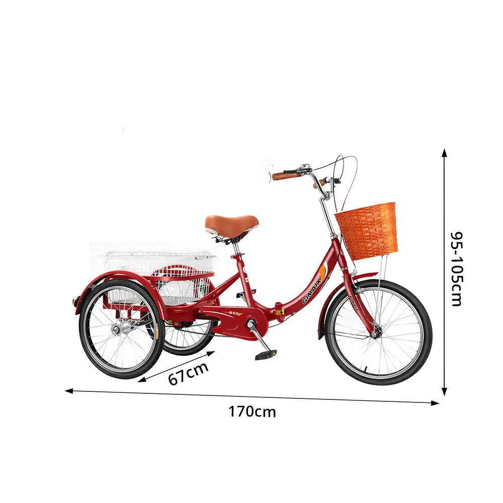 VOLTUS 20" Foldable Tricycle Dual Chain Drive High Carbon Steel Frame Large Basket Commuter for Shopping and Travel - Red