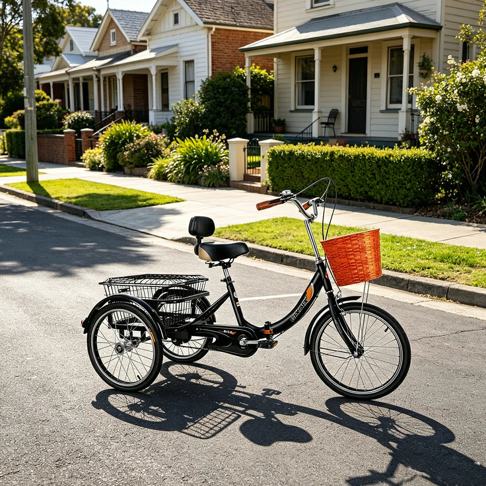 VOLTUS 20" Foldable Tricycle Dual Chain Drive High Carbon Steel Frame Large Basket Commuter for Shopping and Travel - Black