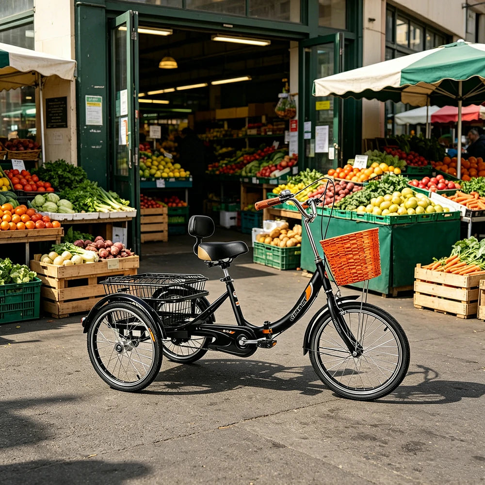 VOLTUS 20" Foldable Tricycle Dual Chain Drive High Carbon Steel Frame Large Basket Commuter for Shopping and Travel - Black