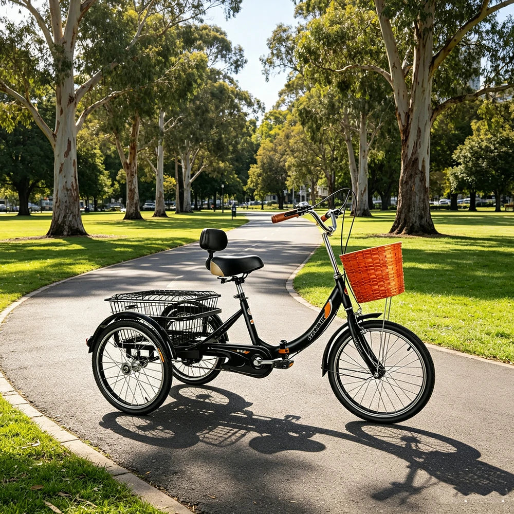 VOLTUS 20" Foldable Tricycle Dual Chain Drive High Carbon Steel Frame Large Basket Commuter for Shopping and Travel - Black