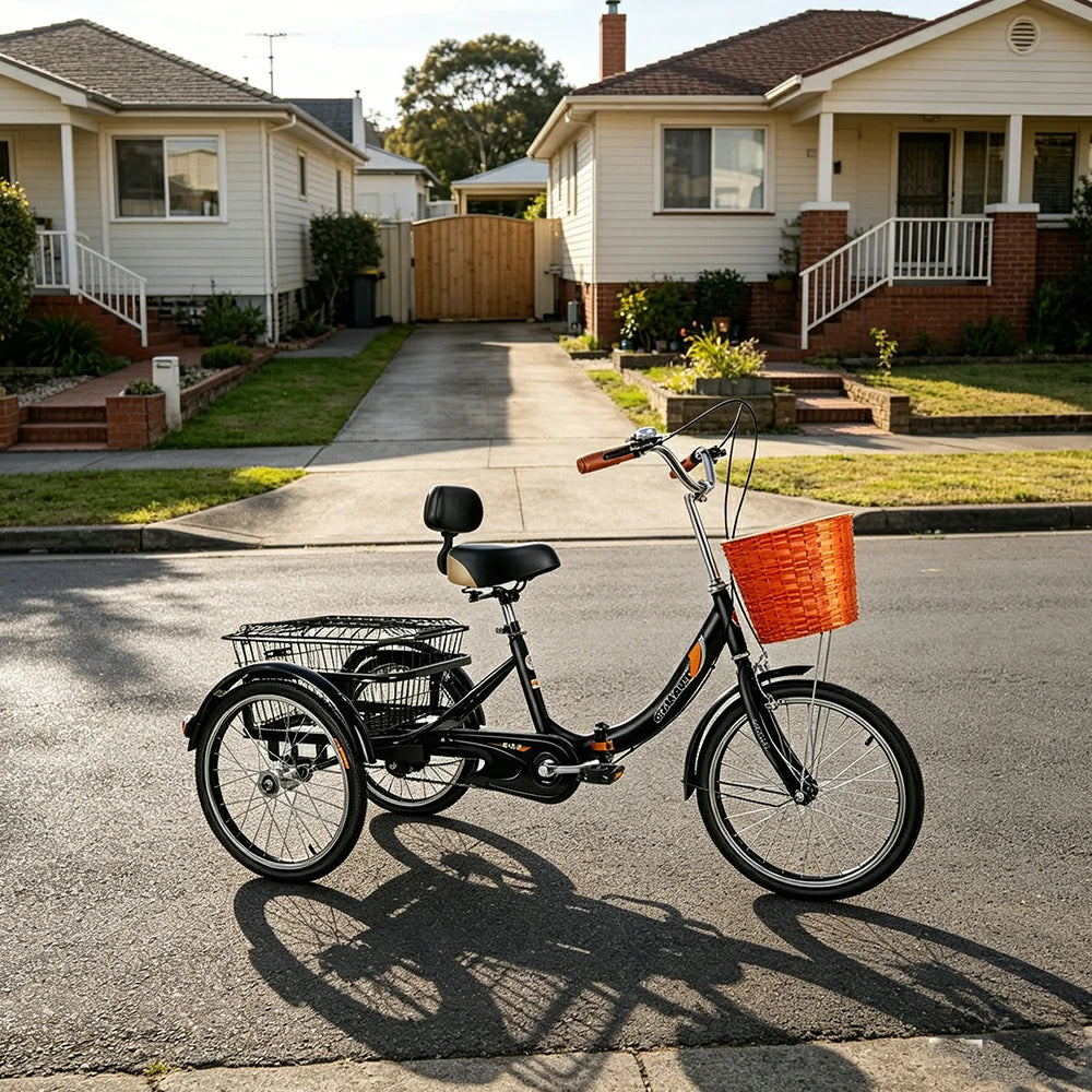 VOLTUS 20" Foldable Tricycle Dual Chain Drive High Carbon Steel Frame Large Basket Commuter for Shopping and Travel - Black