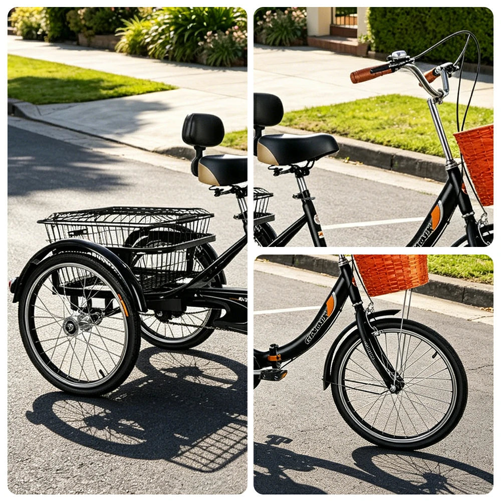VOLTUS 20" Foldable Tricycle Dual Chain Drive High Carbon Steel Frame Large Basket Commuter for Shopping and Travel - Black