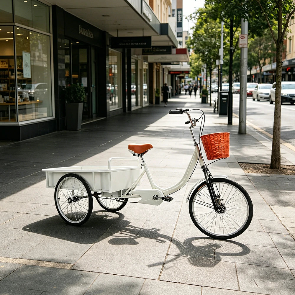 VOLTUS Cargo Tricycle Dual Chain Drive Suspension Brakes 90cm Rear Box Heavy Duty Utility for Transport - White