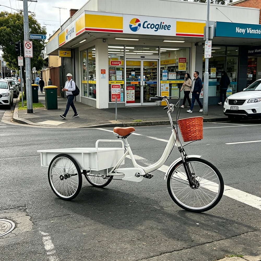 VOLTUS Cargo Tricycle Dual Chain Drive Suspension Brakes 90cm Rear Box Heavy Duty Utility for Transport - White