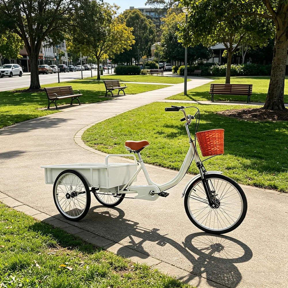 VOLTUS Cargo Tricycle Dual Chain Drive Suspension Brakes 90cm Rear Box Heavy Duty Utility for Transport - White