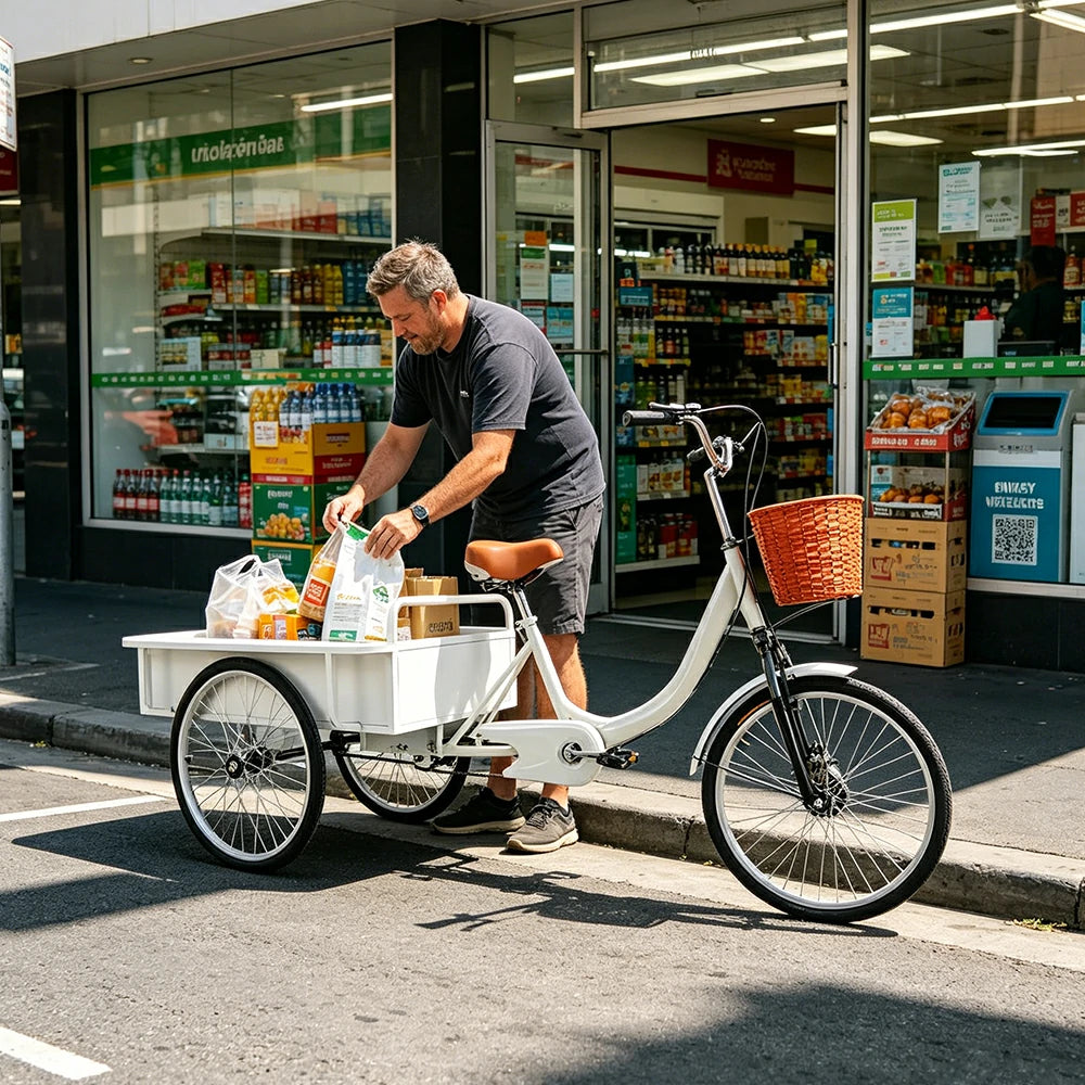 VOLTUS Cargo Tricycle Dual Chain Drive Suspension Brakes 90cm Rear Box Heavy Duty Utility for Transport - White